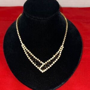 Trifari Vintage Elegant Gold/CZ/ Black Stone Necklace